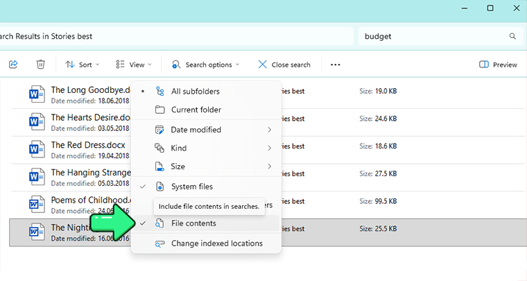 Menu des options de recherche de l’Explorateur de fichiers de Windows 11 avec Contenu des fichiers sélectionné