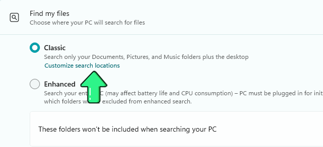 Paramètres de recherche de Windows 11 avec le mode Classique sélectionné et Personnaliser les emplacements de recherche mis en évidence