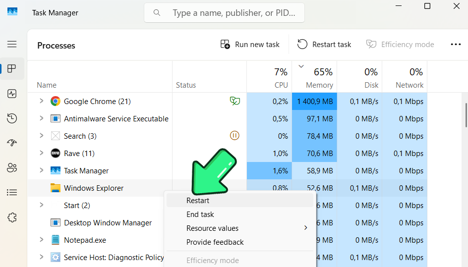 Restart Windows Explorer in Task Manager