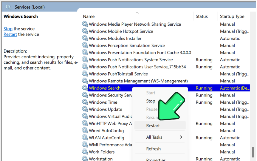 Restart Windows Search service