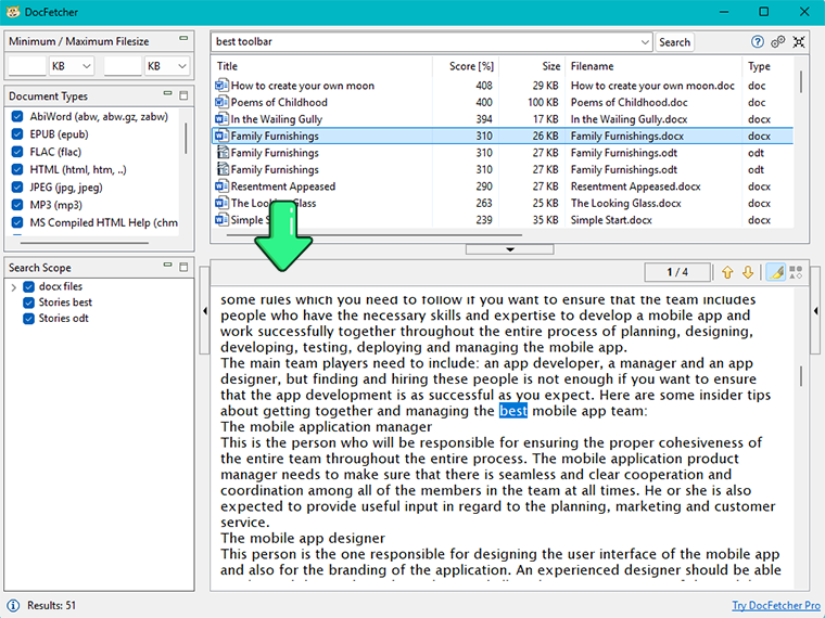DocFetcher desktop search interface with indexed document results and preview pane