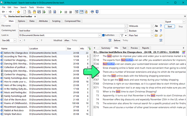 File Locator Pro search interface with advanced search options and file result list