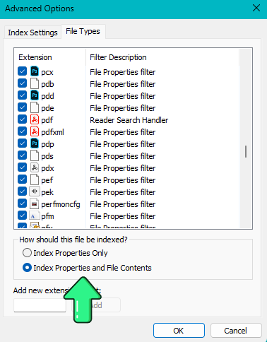 Windows 11 indexing settings showing Index Properties and File Contents for selected file types