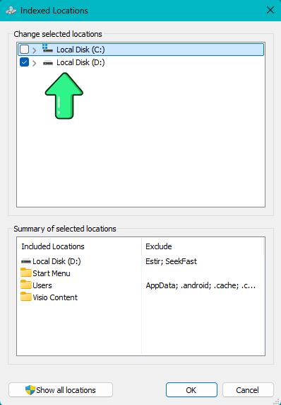 Indexed Locations window in Windows 11 showing folders selected for search indexing