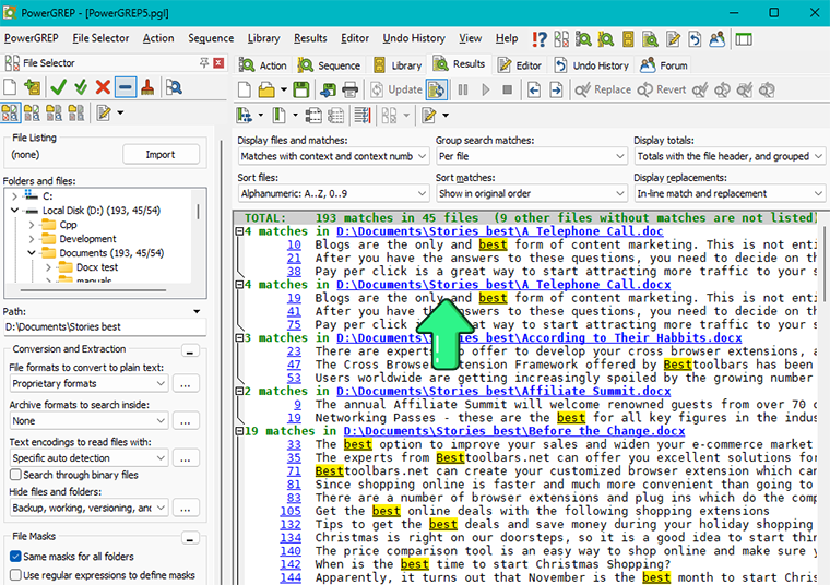 PowerGREP interface showing advanced search and replace options with detailed results