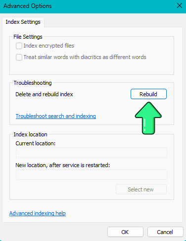 Windows 11 indexing options showing the Rebuild button for fixing slow or inconsistent search