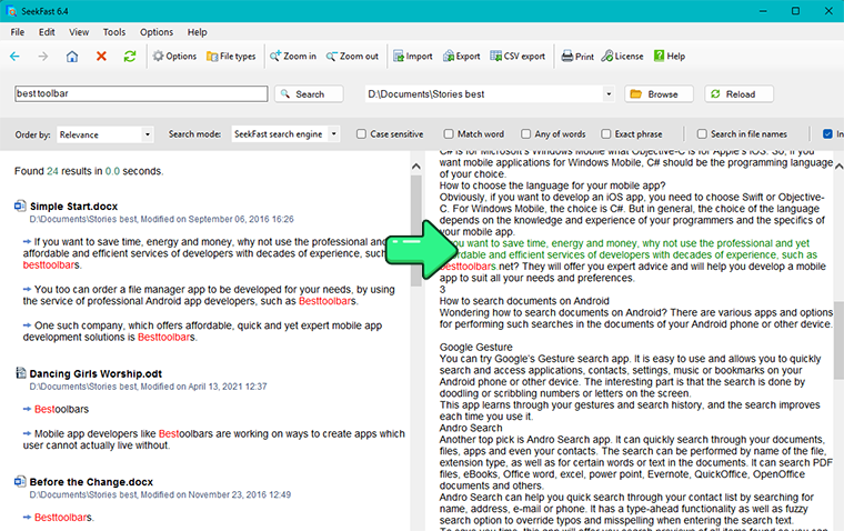 SeekFast interface showing relevance-ranked document search results and text preview