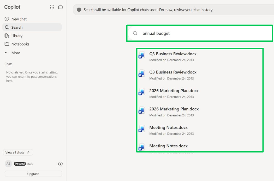 Interface de recherche Microsoft 365 affichant des résultats de documents Word pour annual budget