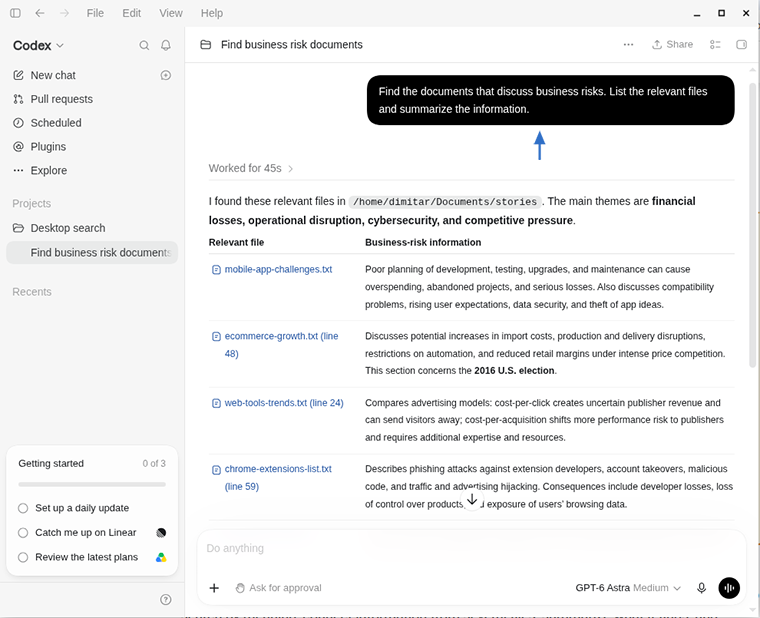 Codex in the ChatGPT desktop app summarizing business risks from local files on Linux