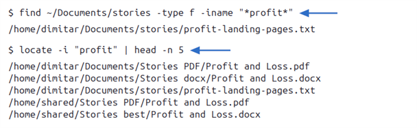 Comparison of find and locate commands for filenames containing profit on Linux