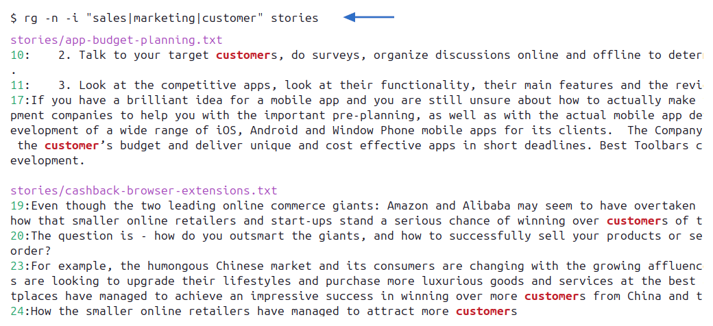 ripgrep search for sales, marketing, and customer in a Linux folder