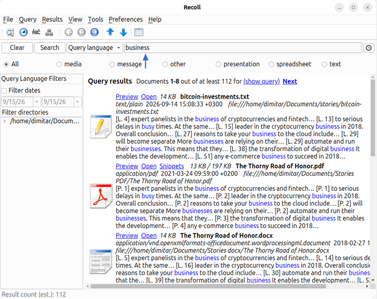 Recoll search results for business across TXT, PDF, and DOCX files on Linux