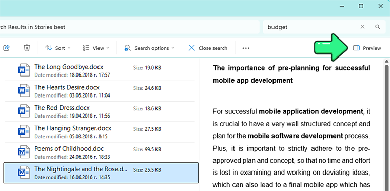 Résultats de recherche de l’Explorateur de fichiers de Windows 11 avec un document Word ouvert dans le volet Aperçu