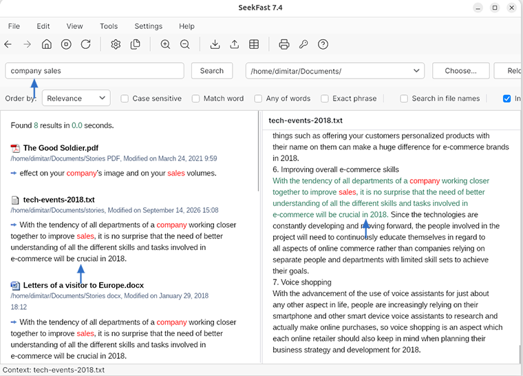 SeekFast search for company and sales across PDF, TXT, and DOCX files on Linux