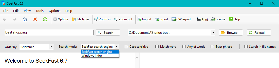 Advanced search settings in SeekFast