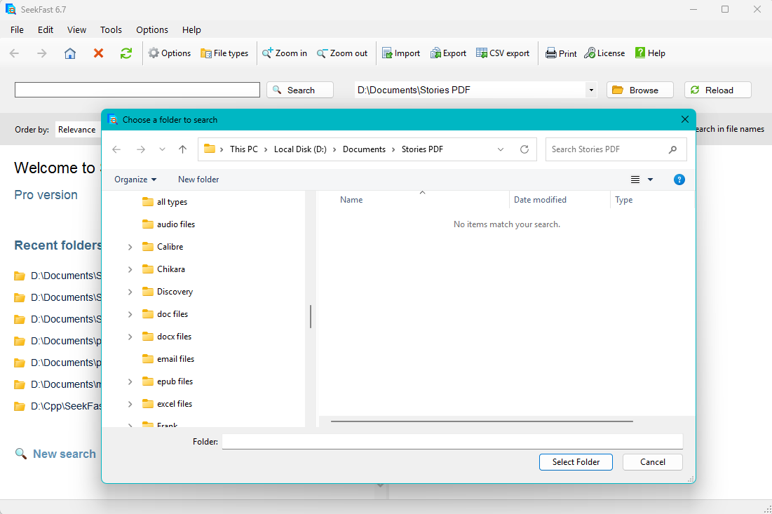 Choose a folder to search in SeekFast