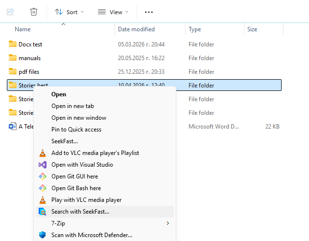 Open a folder in SeekFast from File Explorer