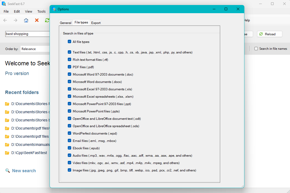 File type selection in SeekFast
