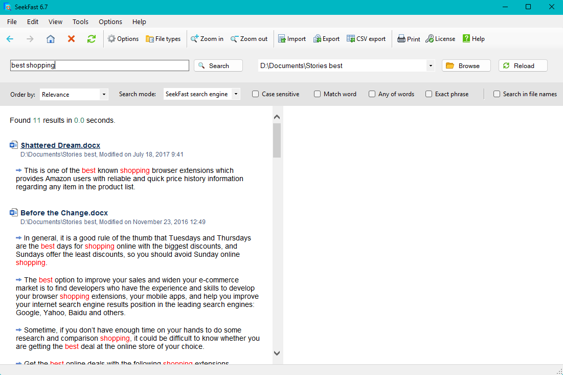 Open a file from the search results in SeekFast