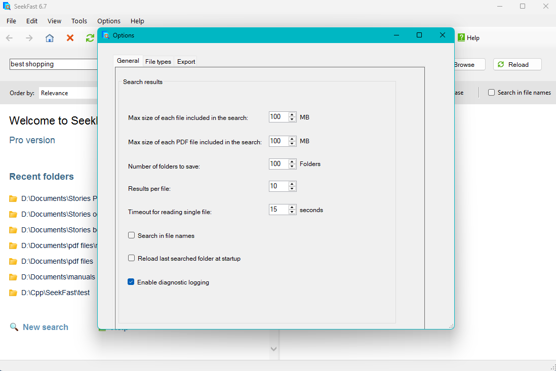 SeekFast Options window