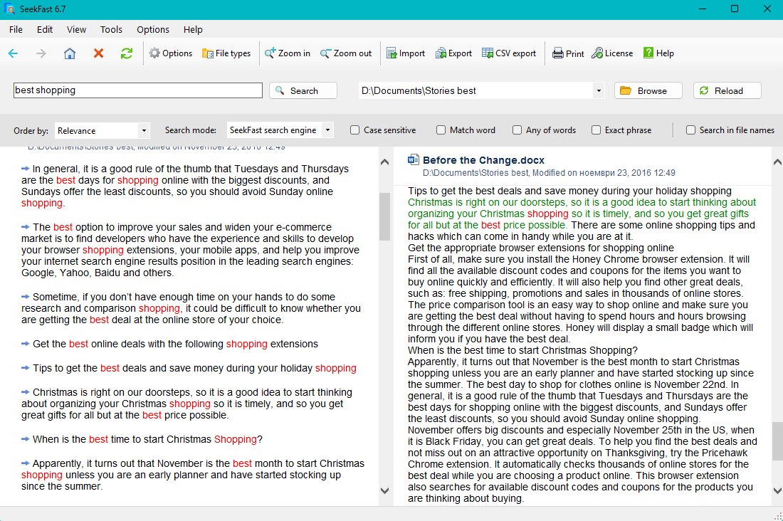 Expanded text preview in SeekFast