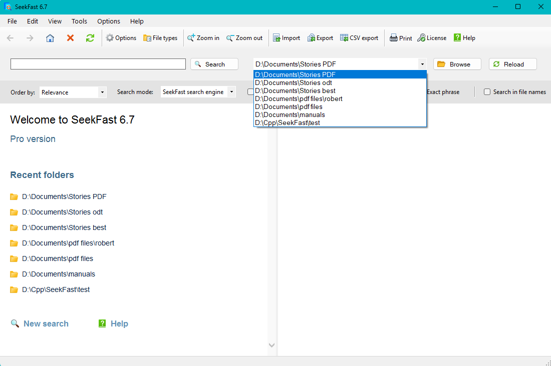 Recently searched folders in SeekFast