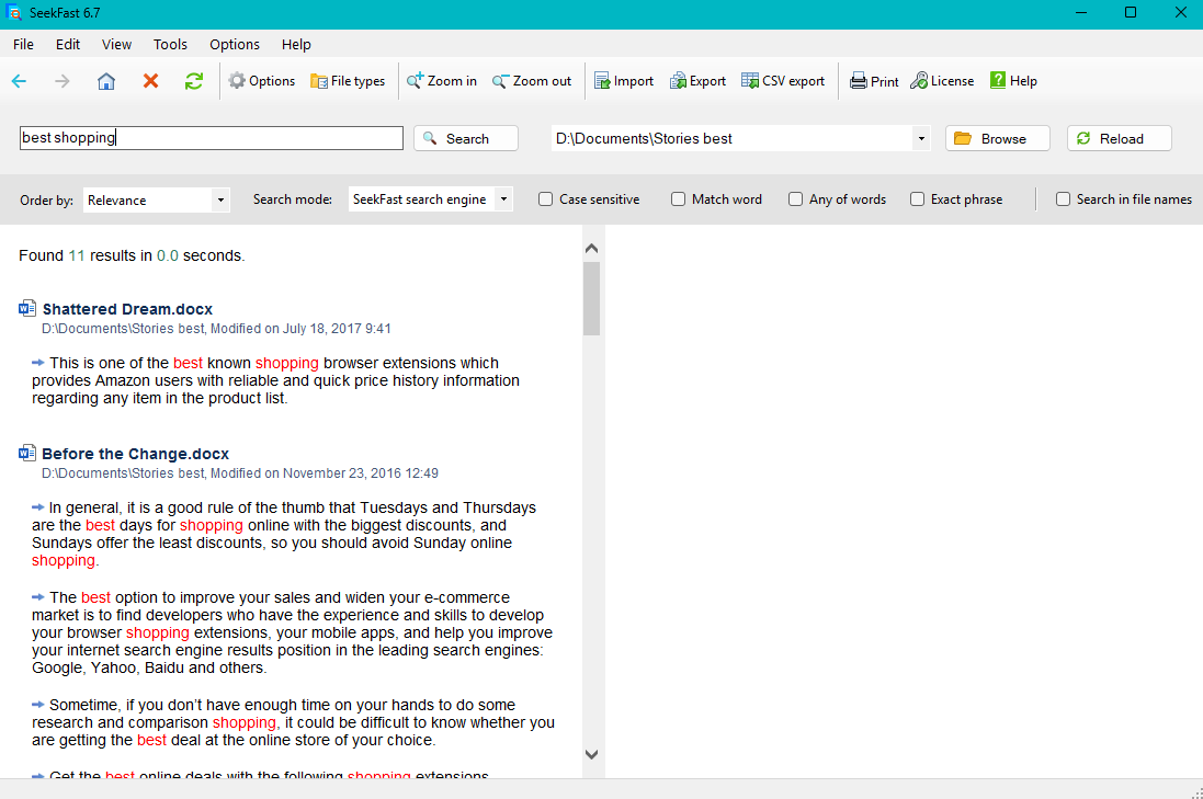 Search results in SeekFast